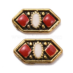 Alloy Enamel Cabochons, Nail Art Decoration Accessories, Hexagon with Oval & Rhombus, White & Red, Antique Golden, 7.5x4x1mm(MRMJ-TAC0005-08E)