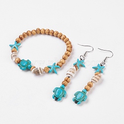 Wood Jewelry Sets, Bracelets & Dangle Earrings, with Dyed Synthetic Turquoise and Spiral Shell, Brass Earring Hooks and Stainless Steel Clasps, Tortoise & Starfish/Sea Stars, 2-1/8 inch(5.3cm), 83mm, Pin: 0.7mm(SJEW-JS00967)
