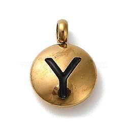 304 Stainless Steel Black Enamel Charms, Golden, Flat Round with Letter Charm, Letter Y, 11x8x2.5mm, Hole: 1.8mm(STAS-R009-01G-Y)