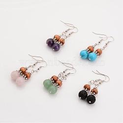 Natural or Synthetic Natural & Synthetic Mixed Stone Dangle Earrings, with Wood Beads and Metal Findings, 48mm, Pin: 0.6mm(EJEW-JE02106)