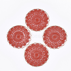 Polycotton(Polyester Cotton) Woven Pendant Decorations, with Brass Findings, Flat Round with Flower, Light Gold, Red, 50x1mm(X-FIND-Q078-14D)