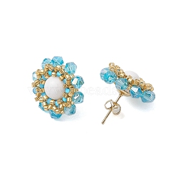 Flower Glass Seed Beaded with Natural Mashan Jade Stud Earrings for Women, Light Gold, Light Sky Blue, 20mm(EJEW-MZ00208-01)