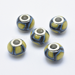 Handmade Polymer Clay European Beads, with Silver Color Plated Brass Cores, Large Hole Beads, Rondelle, Olive, 13~16x8~11mm, Hole: 4.5~5mm(CLAY-K002-C11)