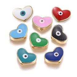 Golden Tone Brass Beads, with Enamel, Heart with Evil Eye, Mixed Color, 11x15x4.5mm, Hole: 1.6mm(ENAM-L025-B-M)