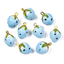 Handmade Porcelain Pendants, with Golden Plated Brass Findings, Famille Rose Style, 3D Strawberry, Light Sky Blue, 14~16x10~11mm, Hole: 1.6mm(PORC-N004-152A-03)
