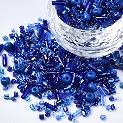 Glass Seed Beads, Mixed Style, Mixed Shapes, Blue, 1~7x2~4mm, Hole: 0.7~1mm, about 450g/pound(SEED-S056-008)
