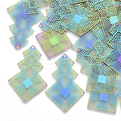 Ion Plating(IP) 201 Stainless Steel Filigree Pendants, Etched Metal Embellishments, Rhombus, Rainbow Color, 40.5x26.5x0.3mm, Hole: 1.2mm(X-STAS-R102-33)