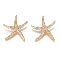 Brass Micro Pave Cubic Zirconia Pendants, Long-Lasting Plated, Starfish, Clear, Golden, 45.5x40x10mm, Hole: 5mm(ZIRC-G168-12G)