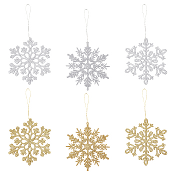12 Sets 6 Style Christmas Snowflake Plastic Pendant Decoration, with Rope, for Christmas Tree Decoration, Mixed Color, 150~152x132~133x2~3mm, Hole: 2~11mm, 2 sets/style