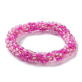 Crochet Glass Beads Braided Stretch Bracelet, Nepel Boho Style Bracelet, Fuchsia, Inner Diameter: 1-3/4 inch(4.5cm)