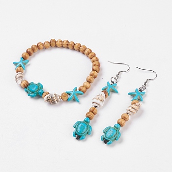 Wood Jewelry Sets, Bracelets & Dangle Earrings, with Dyed Synthetic Turquoise and Spiral Shell, Brass Earring Hooks and Stainless Steel Clasps, Tortoise & Starfish/Sea Stars, 2-1/8 inch(5.3cm), 83mm, Pin: 0.7mm
