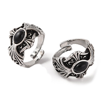 Oval Resin Finger Ring, Cross Alloy Open Cuff Rings, Antique Silver, Cadmium Free & Lead Free, Black, 18mm, Inner Diameter: Adjustable 