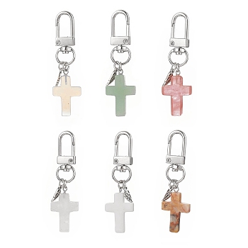 6Pcs Cross Gemstone Pendants Decoration, with Wing and Alloy Swivel Clasps Charm, for Keychain, Purse, Backpack Ornament, 62~64mm