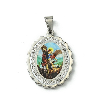 304 Stainless Steel Pendants, with Rhinestone and Enamel, Oval with Saint Charm, Stainless Steel Color, Colorful, 35.5x27x4.5mm, Hole: 9.5x4mm