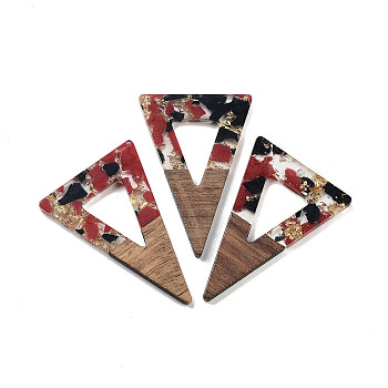 Walnut Wood Pendants, Resin and Gold foil, Triangle, Dark Red, 45x30x3.5mm, Hole: 2mm