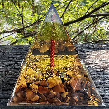 Resin Display Decoration, with Natural Tiger Eye, for Home Decoration, Pyramid, 60x60x60mm