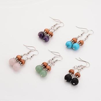 Natural or Synthetic Natural & Synthetic Mixed Stone Dangle Earrings, with Wood Beads and Metal Findings, 48mm, Pin: 0.6mm