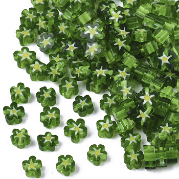 Glass Beads, Flower, Green, 5~7x5~7x2~3mm, Hole: 1mm