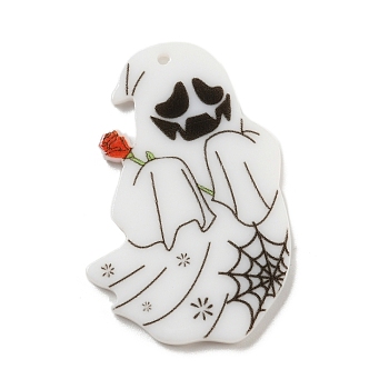 Halloween Acrylic Pendants, Ghost, Black, 39x26x2.5mm, Hole: 1mm