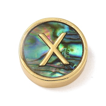 Brass Beads, with Resin Imitation Paua Shell, Flat Round, Real 14K Gold Plated, Letter X, 13.5x4mm, Hole: 1.6mm