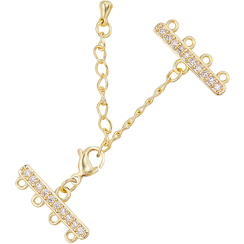 2 Sets Brass Micro Pave Clear Cubic Zirconia Chain Extender, Necklace Layering Clasps, with 4 Strands 8-Hole Ends and Lobster Claw Clasps, Nickel Free, Real 18K Gold Plated, 50mm, Hole: 1.4mm