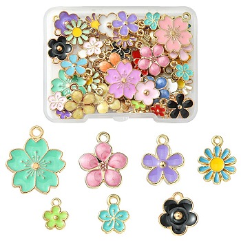50Pcs 7 Styles Alloy Enamel Charms, Golden/Light Gold, Flower Charm, Mixed Color, 10~20.5x8~17.5x1.5~2.5mm, Hole: 1.4~2mm