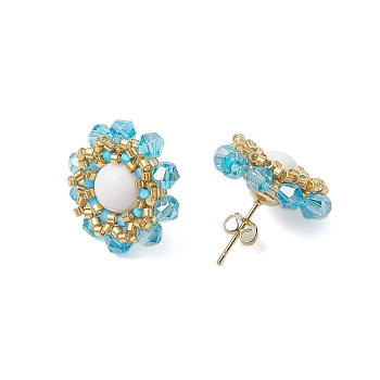 Flower Glass Seed Beaded with Natural Mashan Jade Stud Earrings for Women, Light Gold, Light Sky Blue, 20mm