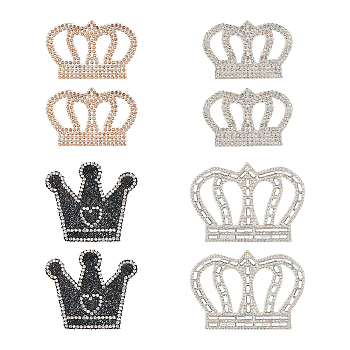 8Pcs 4 Style Crown Shape with Heart Hotfix Rhinestone, Crystal Glass Rhinestone, Costume Accessories, Sewing Craft Decoration, Mixed Color, 39~65x58.5~93x1.5~2mm, 2pcs/style