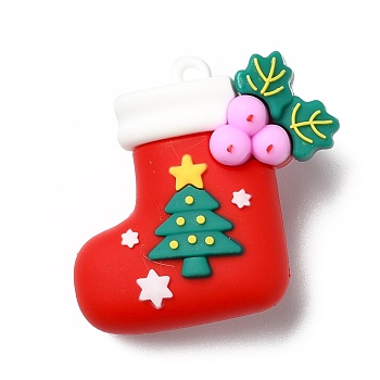 PVC Plastic Pendants, Christmas Sock with Holly Leaves & Tree, Red, 40x40x18.5mm, Hole: 3mm