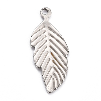 304 Stainless Steel Pendants, Leaf, Stainless Steel Color, 28.5x11.5x1.2mm, Hole: 1.8mm