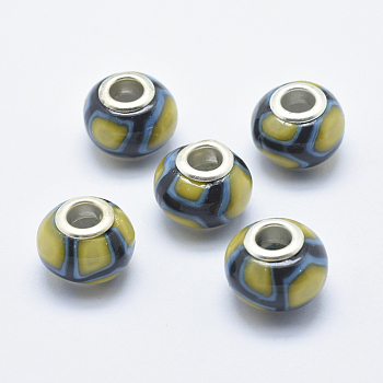 Handmade Polymer Clay European Beads, with Silver Color Plated Brass Cores, Large Hole Beads, Rondelle, Olive, 13~16x8~11mm, Hole: 4.5~5mm
