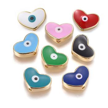 Golden Tone Brass Beads, with Enamel, Heart with Evil Eye, Mixed Color, 11x15x4.5mm, Hole: 1.6mm