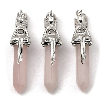 Natural Rose Quartz Pointed Pendants, Faceted Bullet Charms, with Rack Plating Platinum Plated Brass Fairy, 24x13mm, Hole: 5x8mm