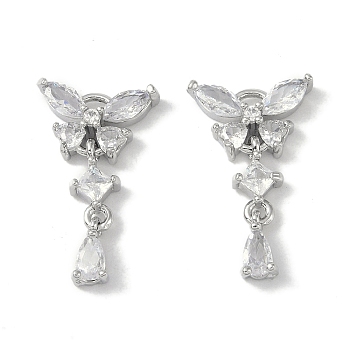 Brass Micro Pave Clear Cubic Zirconia Pendants, Butterfly, Platinum, 21.5x13x4mm, Hole: 1.8mm