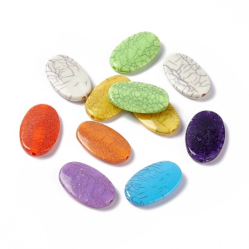Crackle Opaque Acrylic Beads, Imitation Turquoise, Flat Oval, Mixed Color, 36x22.5x6mm, Hole: 3mm,  about 148pcs/500g