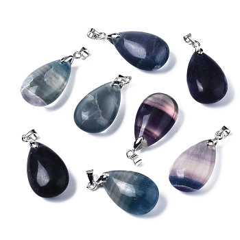 Natural Fluorite Pendants, with Alloy Findings, teardrop, Platinum, 23~24x14x8mm, Hole: 4x5mm