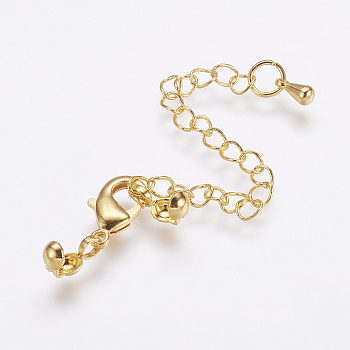 Long-Lasting Plated Brass Chain Extender, with Lobster Claw Clasps and Bead Tips, Real 24K Gold Plated, 20mm, Extend Chain: 69mm, Bead Tips: 8x3.5mm, Inner: 3mm, Clasps: 12x6x2.5mm