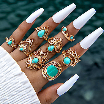 8Pcs 8 Style Synthetic Turquoise Finger Rings Sets, Crown & Flower Alloy Stackable Rings, Golden, Inner Diameter: 16~18mm, 1Pc/style