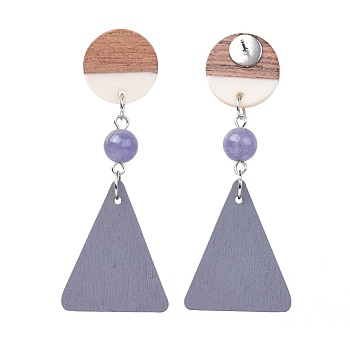 Stud Earrings, with Dyed Natural Quartz Beads, Pear Wood Pendants, Resin & Wood Pendants and Brass Findings, Flat Round and Triangle, Gray, 67~68mm, Pin: 0.6mm