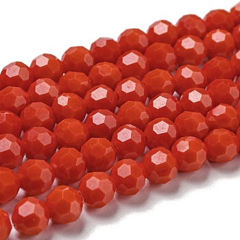 Opaque Glass Beads Stands, Faceted(32 Facets), Round, Red, 6mm, Hole: 1mm, about 98pcs/strand, 20.47''(52cm)