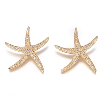 Brass Micro Pave Cubic Zirconia Pendants, Long-Lasting Plated, Starfish, Clear, Golden, 45.5x40x10mm, Hole: 5mm