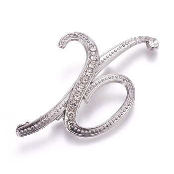 Alloy Brooches, with Rhinestone, Letter, Letter.X, Platinum, 63x38x3.5mm, Pin: 1mm