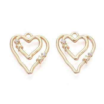 Brass Micro Pave Cubic Zirconia Pendants, Heart Charms, Real 18K Gold Plated, 19x16x2.5~3mm, Hole: 1.8mm