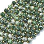 Natural Green Spot Jasper Beads Strands, with Seed Beads, Faceted, Lantern, 7~8x6.5~7mm, Hole: 0.6mm, about 44pcs/strand, 15.16''(38.5cm)(G-K389-E64-01)