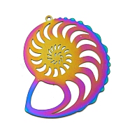 Ion Plating(IP) 201 Stainless Steel Etched Metal Embellishments Pendants, Rainbow Color, Shell Shape, 39.5x36x0.3mm, Hole: 1.2mm(STAS-G328-02G-RC)