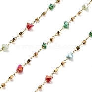 Colorful Faceted Triangle Glass & Cube Beaded Link Chains, with 304 Stainless Steel Cable Chains, Soldered, with Spool, Golden, 3x4x3mm, 1.5x1.5x1.5mm, about 32.81 Feet(10m)/Roll(CHS-G028-17G)