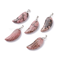 Natural Rhodonite Pendants, with Platinum Plated Brass Loops, Wing, 36x15~16.6x6.5~7.7mm, Hole: 5x4mm(G-I314-01P-10)