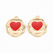 Brass Enamel Pendants, Nickel Free, Real 18K Gold Plated, Flat Round with Heart, Red, 17x15x2mm, Hole: 1.2mm(KK-N231-254-NF)