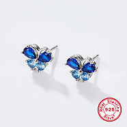 Rhodium Plated Platinum Plated 925 Sterling Silver Stud Earrings, Cubic Zirconia Butterfly Earrings, Blue, 7.4x9.4mm(QT4632-5)