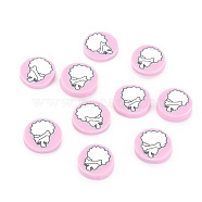 Handmade Polymer Clay Cabochons, Flat Round with Dog, Pearl Pink, 9~9.5x1.5~2mm, about 5800pcs/1000g(CLAY-N006-96)